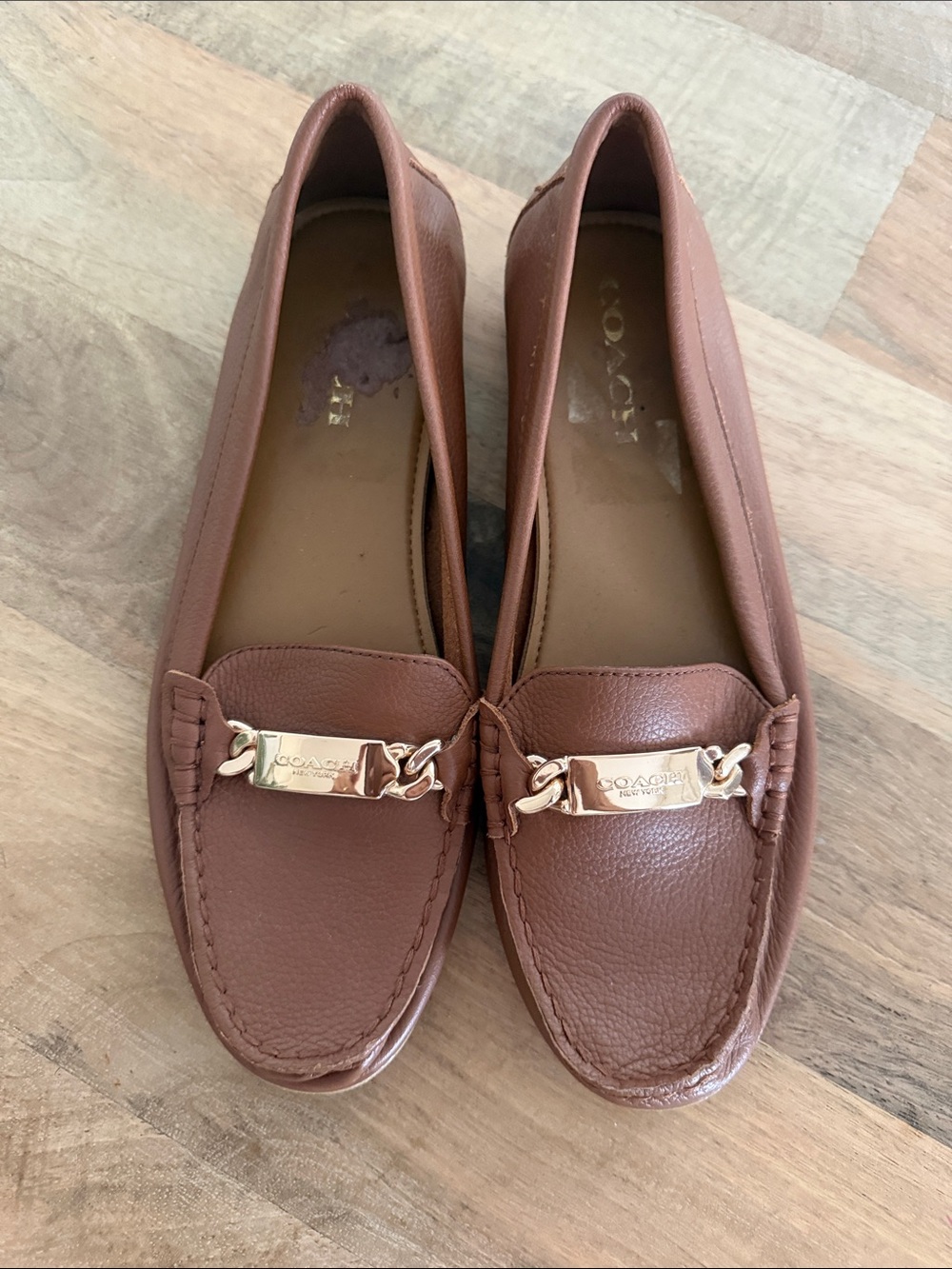 COACH Brown Leather Chain-Accent Loafers